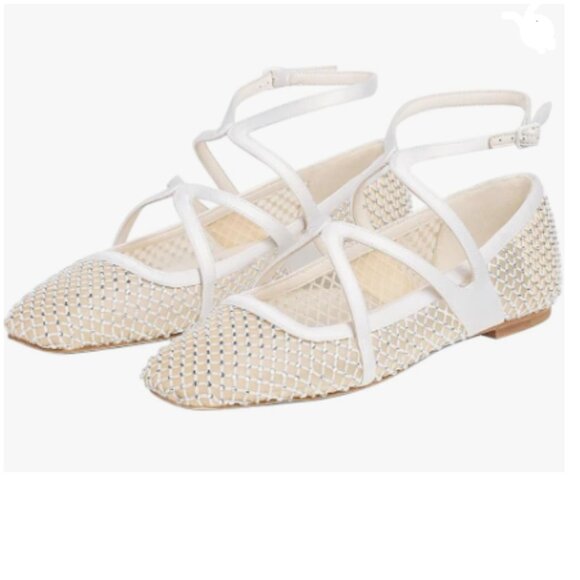 FSJ White Mesh Sparkly Rhinestones Embellished Square Toe Strap Ballet Flats - Picture 1 of 7